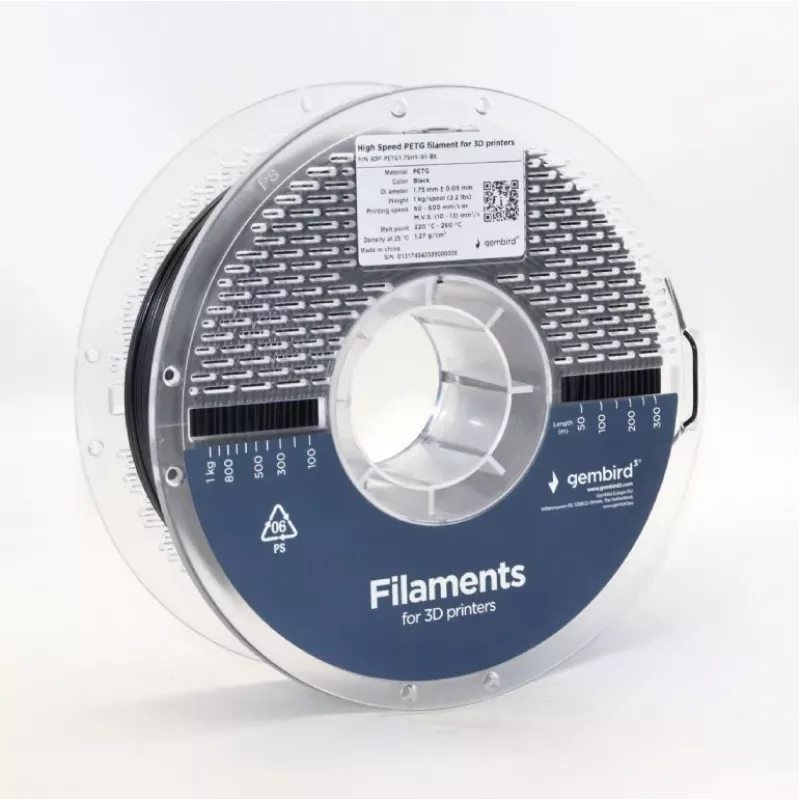3D spausdinimo filamentas Gembird PETG 1,75 mm juodas 1 kg