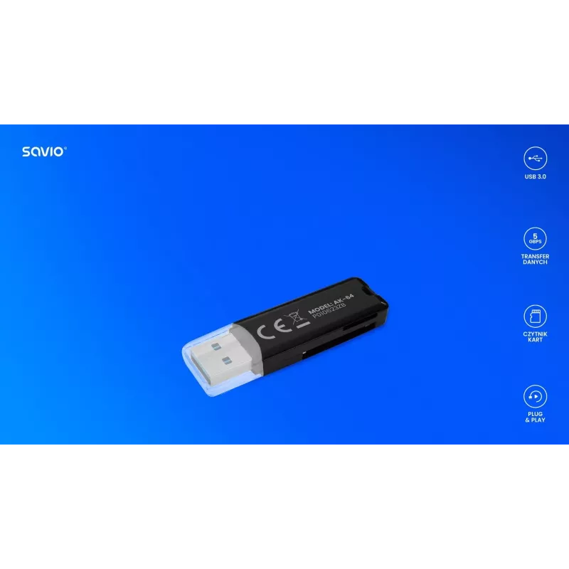 SAVIO AK-64 USB 3.2 Gen 1 kortelių skaitytuvas, Type-A, MicroSD lizdas, 5000 Mbit/s, juodas