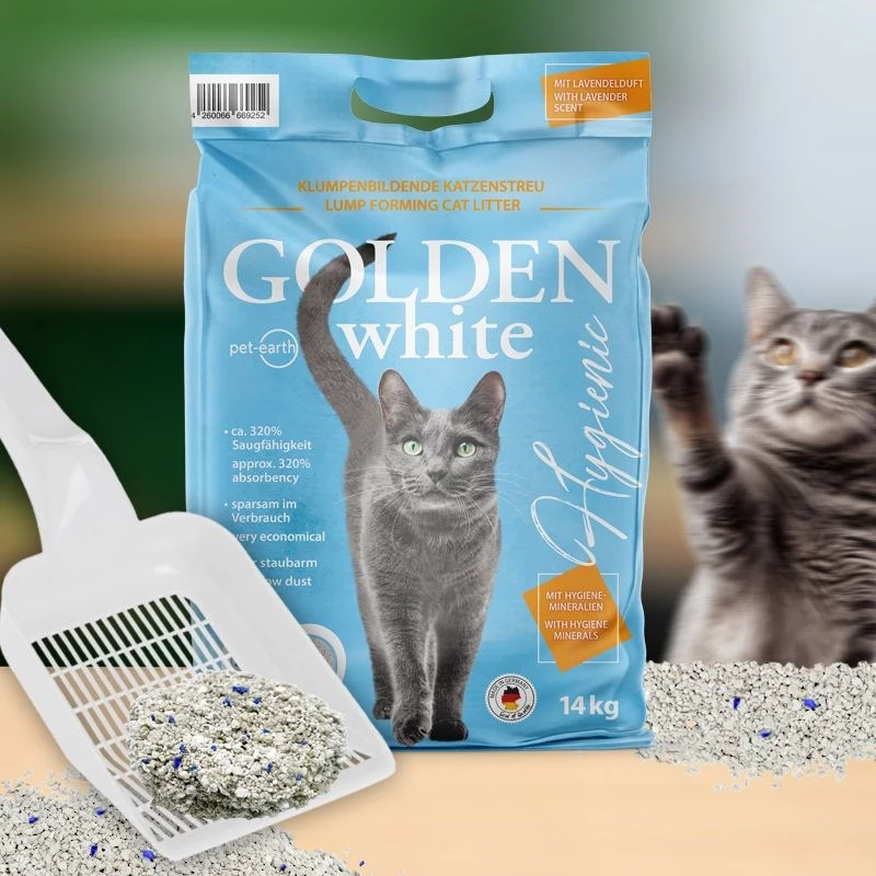Kačių kraikas Golden Grey 14 kg bentonitinis, besidulkinantis, lavandos kvapo, nelimpantis