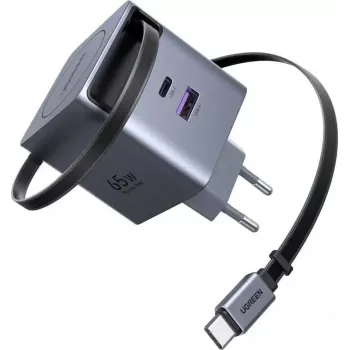 UGREEN X615 65W GaN greitasis įkroviklis su 1x USB-C, 1x USB-A ir ištraukiamu laidu (modelis 65825)