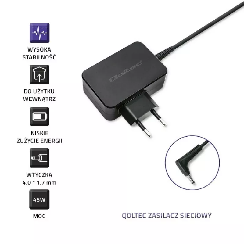 Maitinimo adapteris QOLTEC 45W 20V 2.25A nešiojamiesiems įrenginiams, modelis 52393