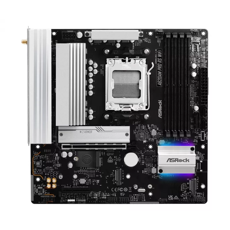 Motininė plokštė ASROCK A620AM PRO RS WIFI AM5 microATX, AMD A620, 4×DDR5, Wi‑Fi, HDMI, DP, 3×M.2, 2×SATA, 7.1 garso, 1Gb LAN
