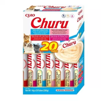 Drėgnas skanėstas katėms INABA Churu 20 x 14 g – tuno ir jūros gėrybių skonio putėsiai vamzdeliuose