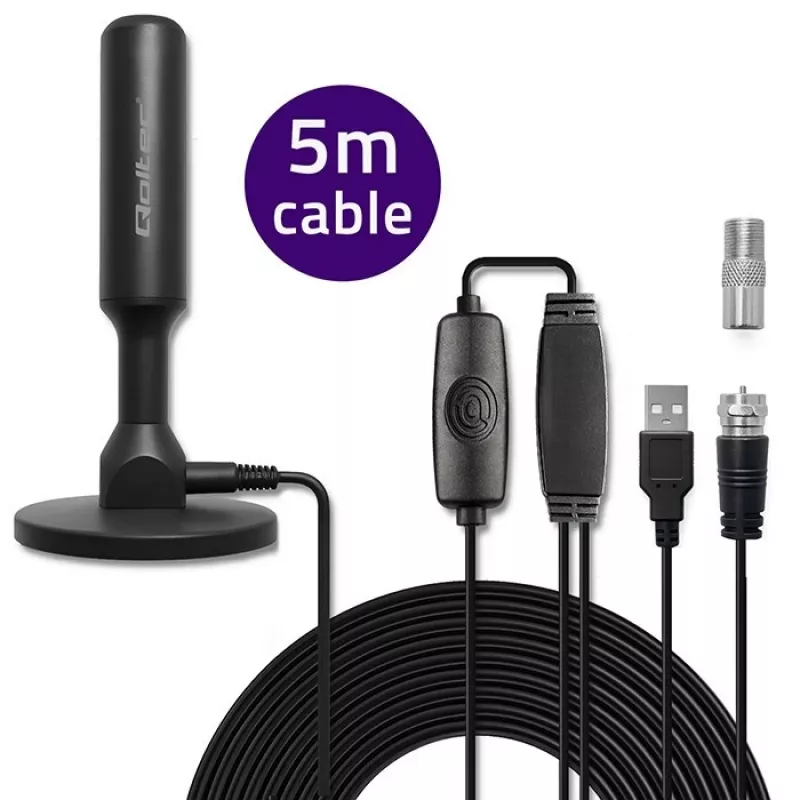 TV antena QOLTEC DVB-T2 28 dBi su signalo stiprintuvu, vidaus / lauko priėmimui