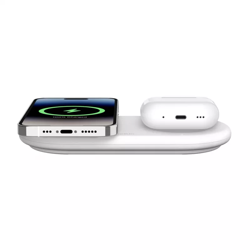 Belkin WIZ021VFWH - 2-in-1 belaidžio įkrovimo padėklas su Qi2 technologija 15 W, baltas
