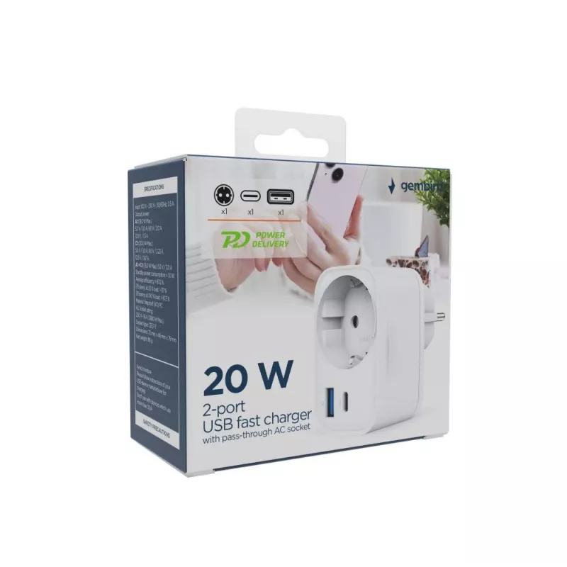 Gembird TA-ACPDQC20-01-W Universalus 20W USB įkroviklis su praėjimo kištukiniu lizdu, baltas