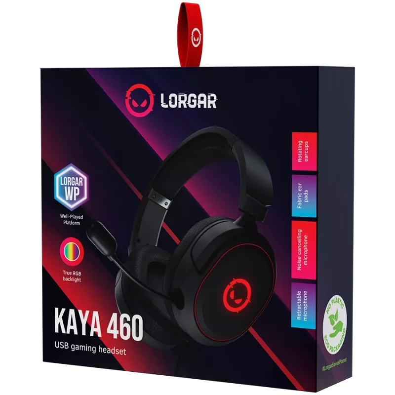 LORGAR Kaya 460, USB žaidimų ausinės su mikrofonu, CM108B, RGB apšvietimas, Plug&Play, USB-A jungiamasis kabelis 2 m, audinio ausinės pagalvėlės, dydis: 192×184,7×88 mm, 0,329 kg, juodos