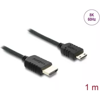 HDMI kabelis DELOCK 81687 — 1 m, HDMI A (vyriškas) į HDMI C (Mini, vyriškas), 48 Gbit/s, iki 7680×4320, auksuoti kontaktai, juodas
