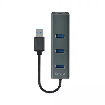 SAVIO USB-A šakotuvas su RJ-45 Gigabit Ethernet AK-57 — 3× USB-A + RJ-45, USB 3.2 Gen 1 Micro‑B prijungimas, 5 Gbit/s, 4 prievadai, pilka
