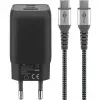 USB-C greitas įkroviklis Nano, PD, GaN, 65 W, USB-C pintas laidas (juodas, 1x USB-A, 2x USB-C PD, Quick Charge 3.0, 1 m laidas)