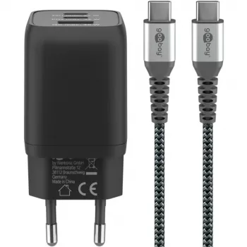 USB-C greitas įkroviklis Nano, PD, GaN, 65 W, USB-C pintas laidas (juodas, 1x USB-A, 2x USB-C PD, Quick Charge 3.0, 1 m laidas)