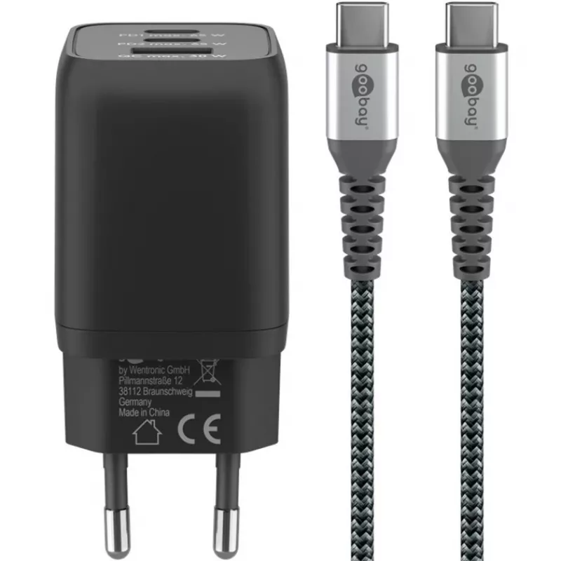 USB-C greitas įkroviklis Nano, PD, GaN, 65 W, USB-C pintas laidas (juodas, 1x USB-A, 2x USB-C PD, Quick Charge 3.0, 1 m laidas)