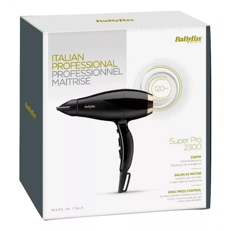 Plaukų džiovintuvas BABYLISS Super Pro 2300, 2300 W, AC variklis, 2 greičiai, 3 šilumos lygiai, joninis, šalto oro pūtimas, keraminis, 120 m³/h