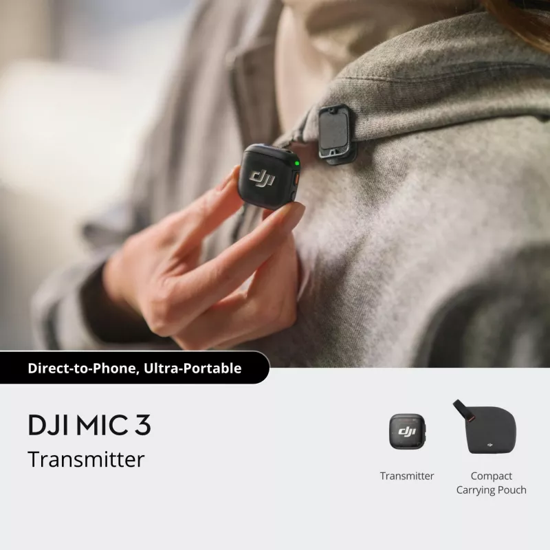 Belaidis kūno siųstuvas DJI MIC 3 – kompaktiškas mikrofoninis siųstuvas, juodai pilkas