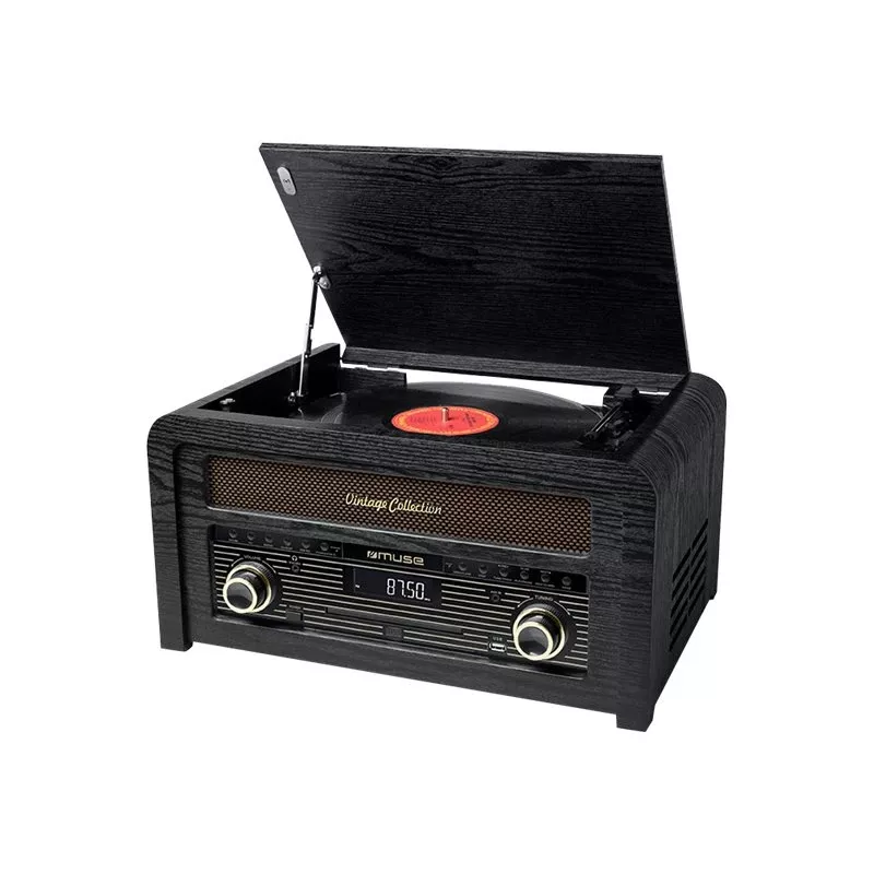 Patefonas muse MT-115 W – juodas/auksinis, 33-45-78 aps./min., J formos tonearmas, sukamas garsumas, 240 V kintamoji srovė