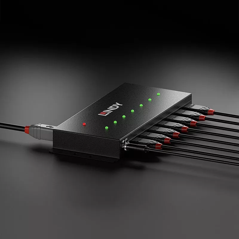 Lindy 7 Portų USB 3.0 Metalinis USB HUB, USB 3.2 Gen 1 (3.1 Gen 1) Type-A, 5000 Mbit/s, Juodas, 0.8 m, 185 mm, 75 mm