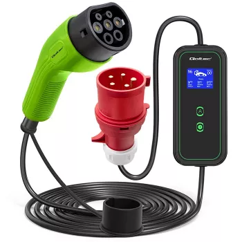 Qoltec Mobile EV Car Charger Adjustable 2in1 Type2 | 11kW | CEE 5 PIN | LCD | 3 fazės | Nešiojamas | Wallbox | 5m