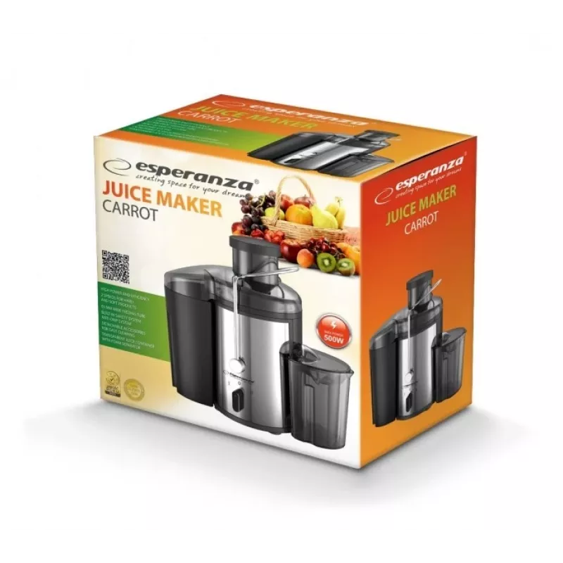 Sulčiaspaudė ESPERANZA EKJ002 — 500 W, 0,45 l talpa sultims, 1,5 l minkštimo talpykla, nerūdijantis plienas/juoda
