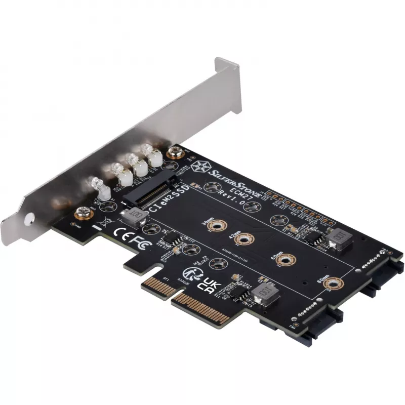Silverstone SST-ECM27 M.2/SATA adapterio kortelė, PCIe 4.0, 1x M-Key, 2x SATA 6G – Low Profile