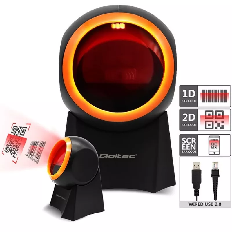 Qoltec 50857 laidinis stacionarus brūkšninių kodų skaitytuvas, 1D/2D, QR, USB, 1,75 m laidas