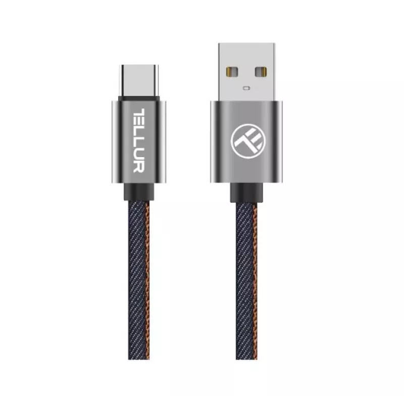 USB duomenų kabelis Tellur USB į Type-C 1 m Denim, pintas 1 m kabelis įkrovimui ir duomenų perdavimui