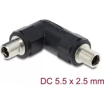 Adapteris DC statinės jungties DELOCK 5.5 x 2.5 mm moteriška–moteriška su sriegine mova, 90° kampu, juodas
