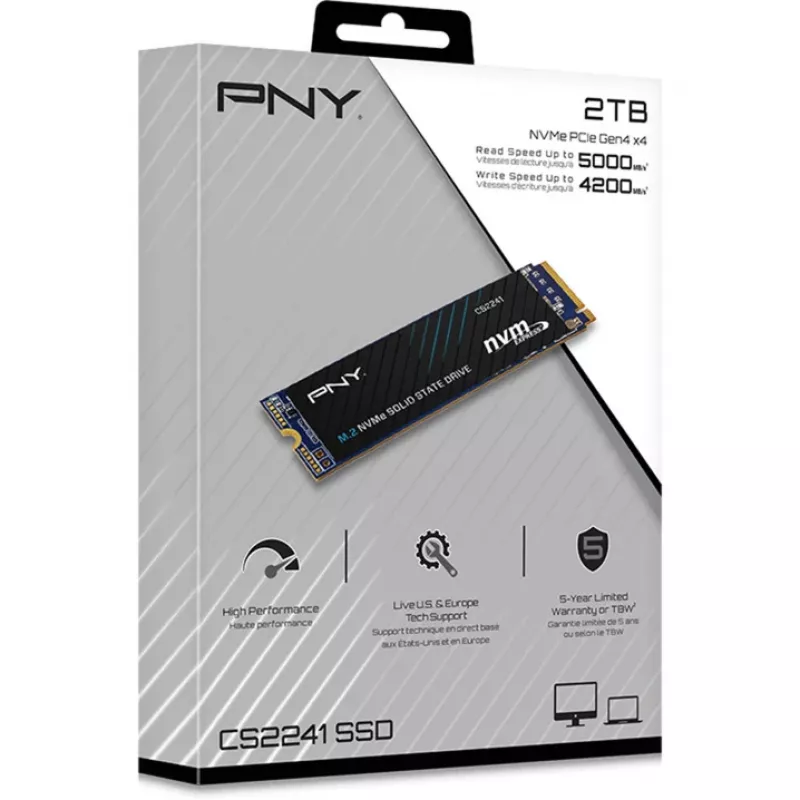 Kietojo kūno diskas PNY CS2241 2 TB, M.2, NVMe PCIe Gen4 x4, 5000 MB/s skaitymui, 4200 MB/s įrašymui