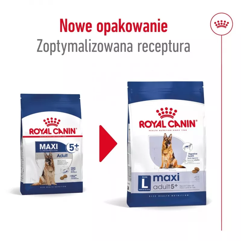 Sausas šunų ėdalas Royal Canin Maxi Adult 5+ 15 kg – vištiena, Baltymai 26%, Riebalai 17%