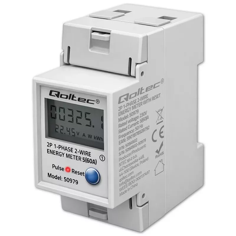 Energijos skaitiklis QOLTEC Vienfazis DIN-bėgis 230V (MPN 50979)