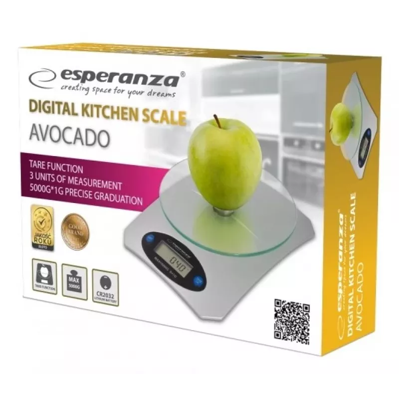 Virtuvinės elektrinės svarstyklės ESPERANZA Avocado Grey – 5 kg, bambuko platforma, g/lb/oz