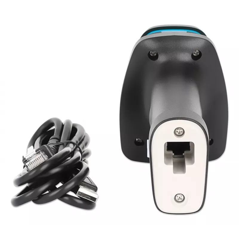 Manhattan 2D ilgo nuotolio LED brūkšninių kodų skaitytuvas, USB, 450 mm nuskaitymo gylis, maksimalus aplinkos apšvietimas 100 000 liuksų (saulės šviesa), palaikomos simbolikos – 1D (x21 versijos) ir 2D (x10 versijos), RJ45 į USB 1,8 m laidas (USB-A), juod