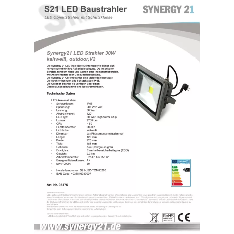 LED šviestuvas Synergy21 S21-LED-TOM00260, 30 W, šalta balta, IP65