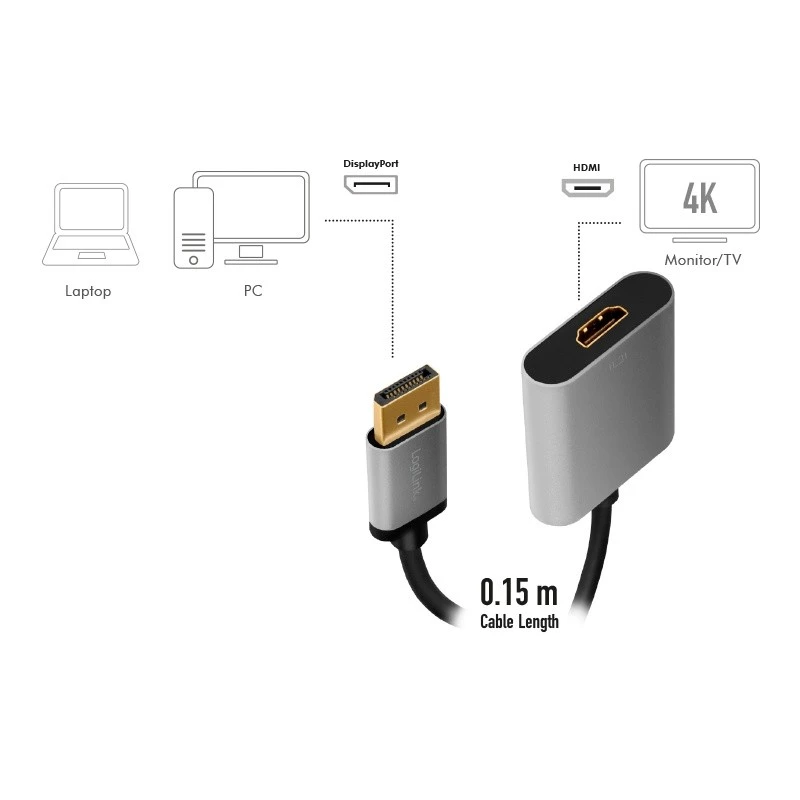 LogiLink CDA0108 vaizdo kabelio adapteris 0,15 m DisplayPort HDMI juoda/ pilka