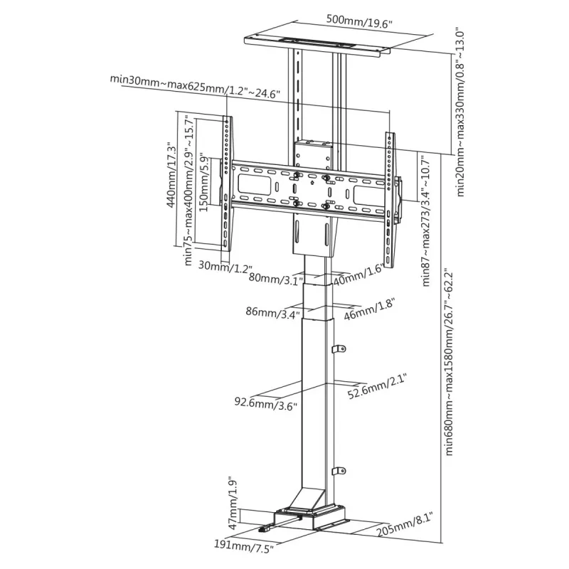 Maclean MC-866 elektrinis televizoriaus pakeliamasis laikiklis 37-65 colių (94-165,1 cm), nuotolinis valdymas, VESA iki 600×400, apkrova iki 50 kg, juodas