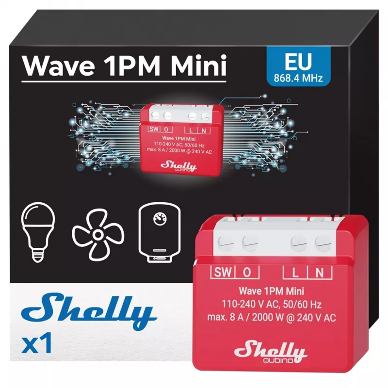 Sieninis išmanusis relejė Shelly 1PM — vieno kanalo Z-Wave mini jungiklis, 110–240 V, 8 A, 2000 W, 868,4 MHz