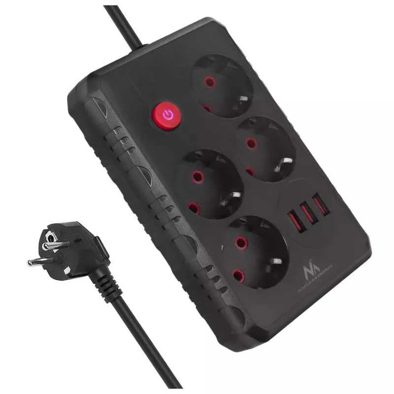 Maitinimo blokas MACLEAN MCE392 B — 4 lizdai, 3×USB, 110–240V, 2.1A, 2500W, 1,5 m laidas, juodas