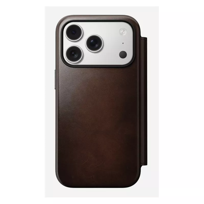 Mobilaus telefono dėklas Nomad Modern Leather Folio, skirtas iPhone 17 Pro, oda/aliuminis, 16 cm (6,3 inch), rudas, 4 kortelių kišenės