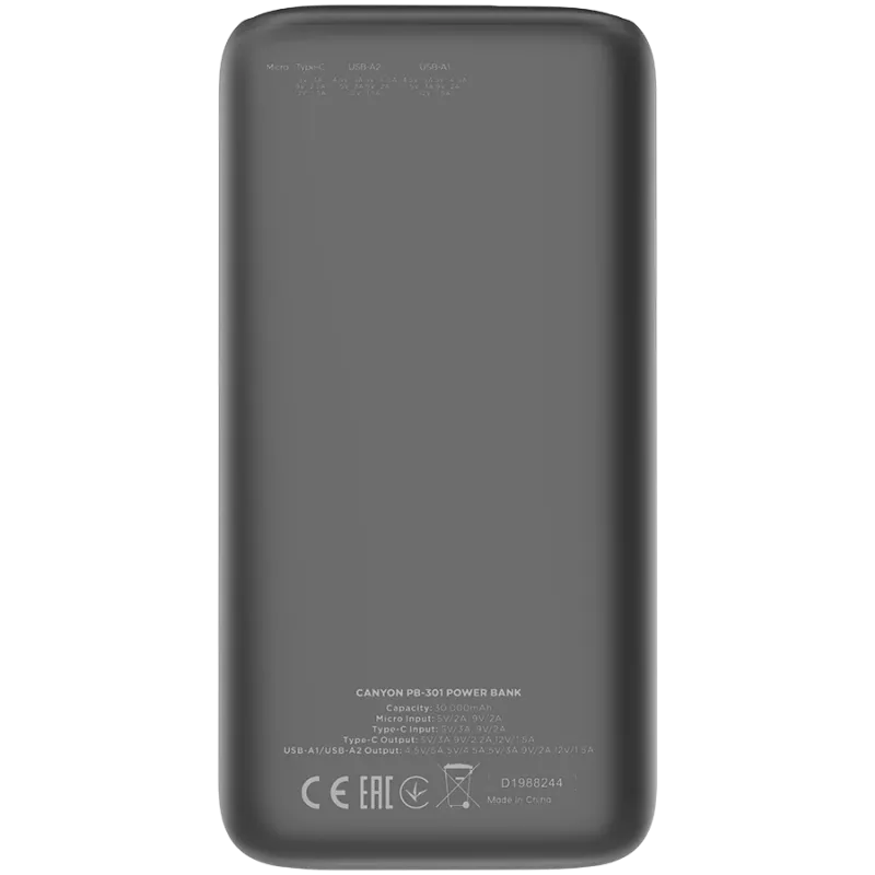 Canyon Powerbank PB-301 30000 mAh PD/QC/Display juoda