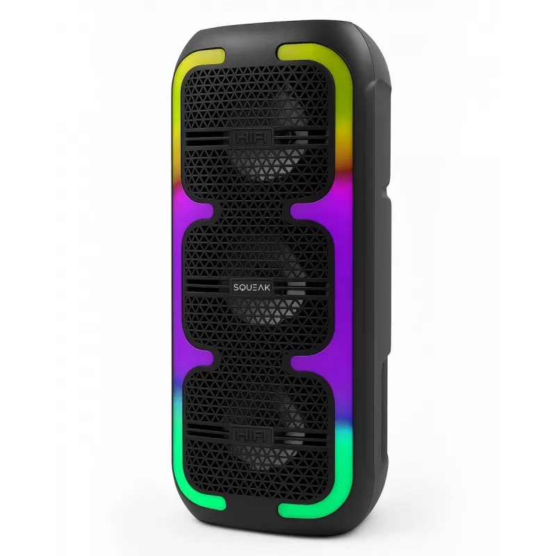 Nešiojamas stereo garsiakalbis SQUEAK SQ1009 – Bluetooth 5.3, 45W RMS, 10h baterija, FM, USB, AUX, LED, 1800 mAh, Juodas