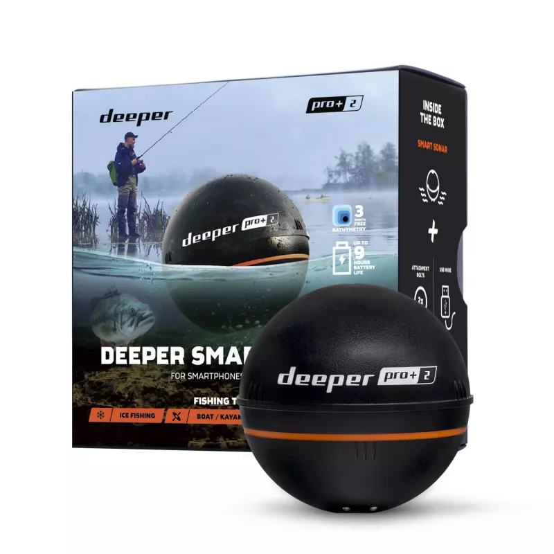 Nešiojamas žvejybinis sonaras Deeper Smart Sonar PRO+ 2, 2 sonaro spinduliai, 675 kHz, 100 m diapazonas, 65×65×65 mm, Li‑Ion 950 mAh