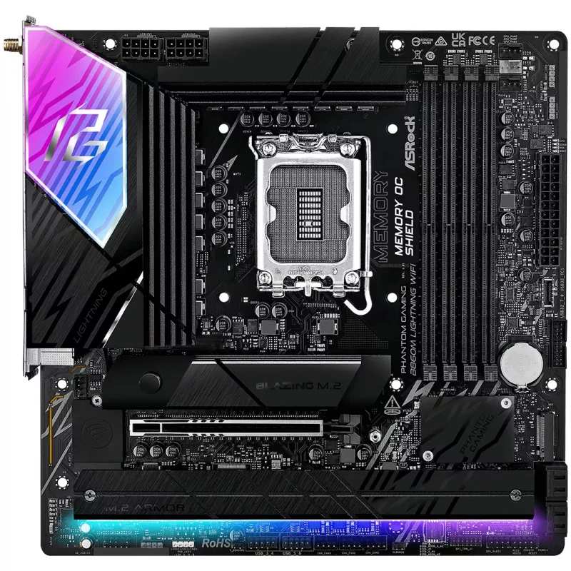 Motininė plokštė ASRock B860M Lightning WiFi – Intel B860, LGA1851, microATX, DDR5, 4 DIMM, Wi‑Fi 6E, 2.5Gb LAN, Thunderbolt 4