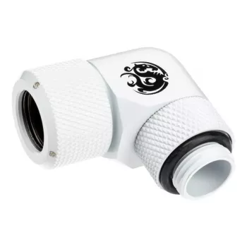 Jungtis BitsPower BP-DWE90RMLA12 — žalvarinė 90° kampinė jungtis, balta, Ø 12 mm