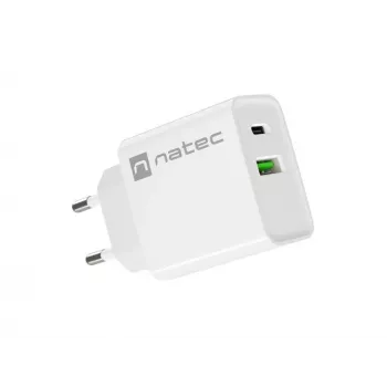 Patalpų kintamosios srovės greitasis įkroviklis NATEC RIBERA 12V 20W USB-C PD 3.0 + USB-A Samsung AFC Baltas