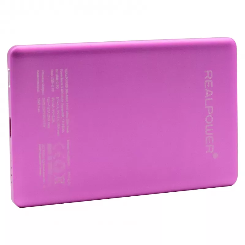 RealPower PB-5000 MAG Ultra Slim išorinis akumuliatorius 5000 mAh, MagSafe, belaidis įkrovimas, USB-C, 20 W, rožinis