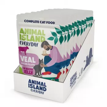 Šlapias kačių ėdalas animal island Everyday Jelly Veal — 12 x 85 g paketėliai, suaugusioms katėms, be cukraus/sojos/glitimo