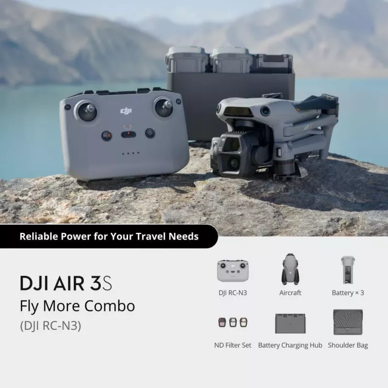 Kvadrakopteris DJI Air 3S – 4 rotorių dronas, 50 MP kamera, 3840×2160 vaizdo įrašas, 27 m/s, 32 000 m nuotolis, 4276 mAh baterija, 42 GB vidinė atmintis, Pilka
