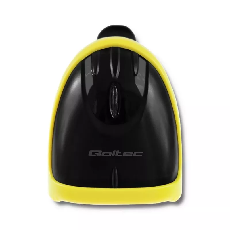 Rankinis brūkšninių kodų skaitytuvas QOLTEC 50867 — 1D/2D lazerinis, USB laidinis, 600 mm diapazonas, geltona/juoda