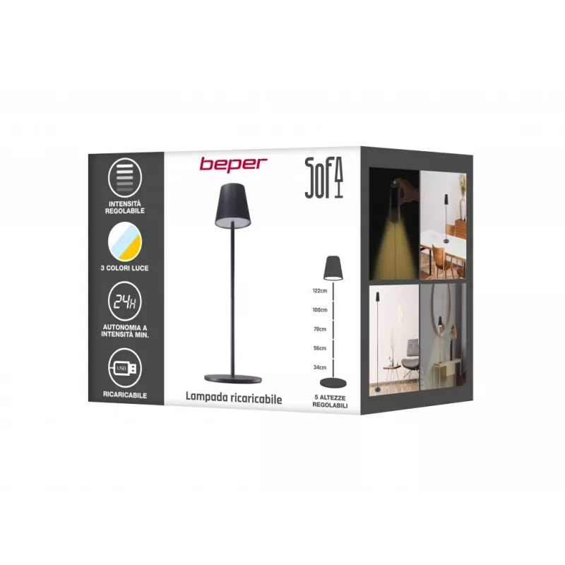 Beper P201UTP401 įkraunama lempa sofai, jutiklinis valdymas, keičiamo aukščio, 2,3 W, juoda