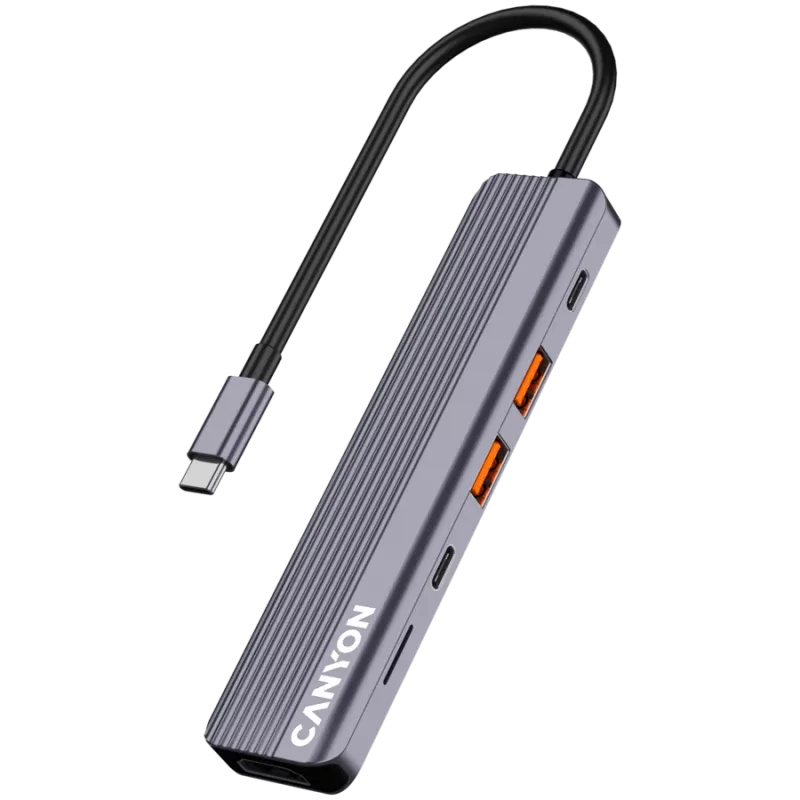 USB Type-C stotelė CANYON DS-17 — HDMI, USB 3.2 Gen 1 A, USB-C, MicroSD, 10000 Mbit/s, pilka