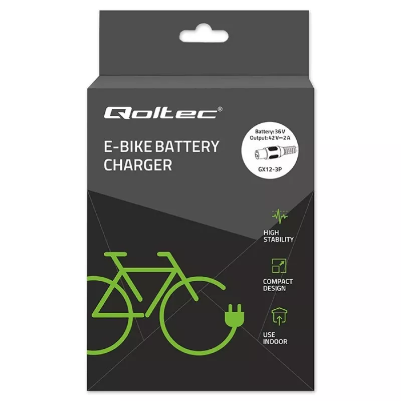 E-dviračio įkroviklis QOLTEC 36V–42V 2A su GX12 3 kontaktų jungtimi